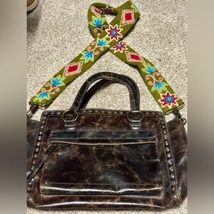 Frye Studded Distressed Chocolate Leather Bag + Jenny Krauss Embroidered Strap ✨